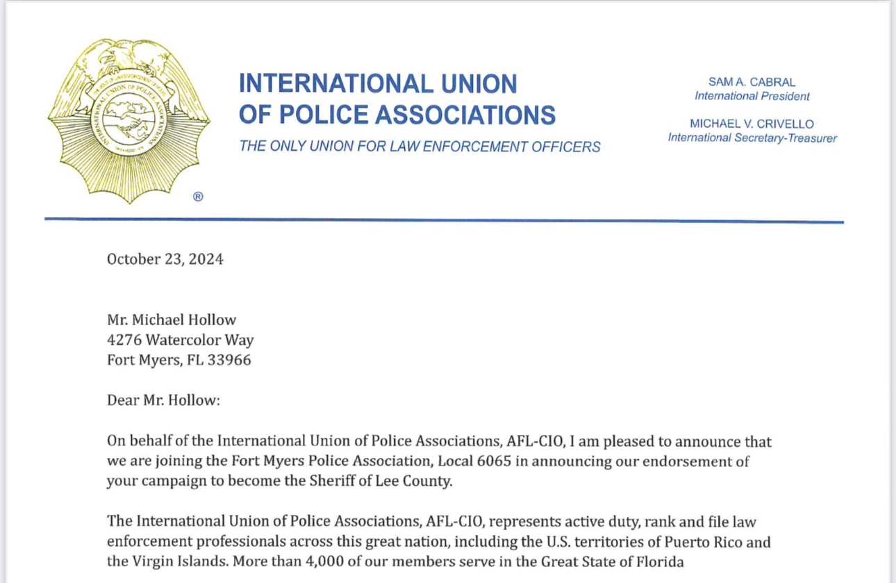 International police union endorses Mike Hollow for Lee County Sheriff, rejecting embattled incumbent Sheriff Carmine Marceno